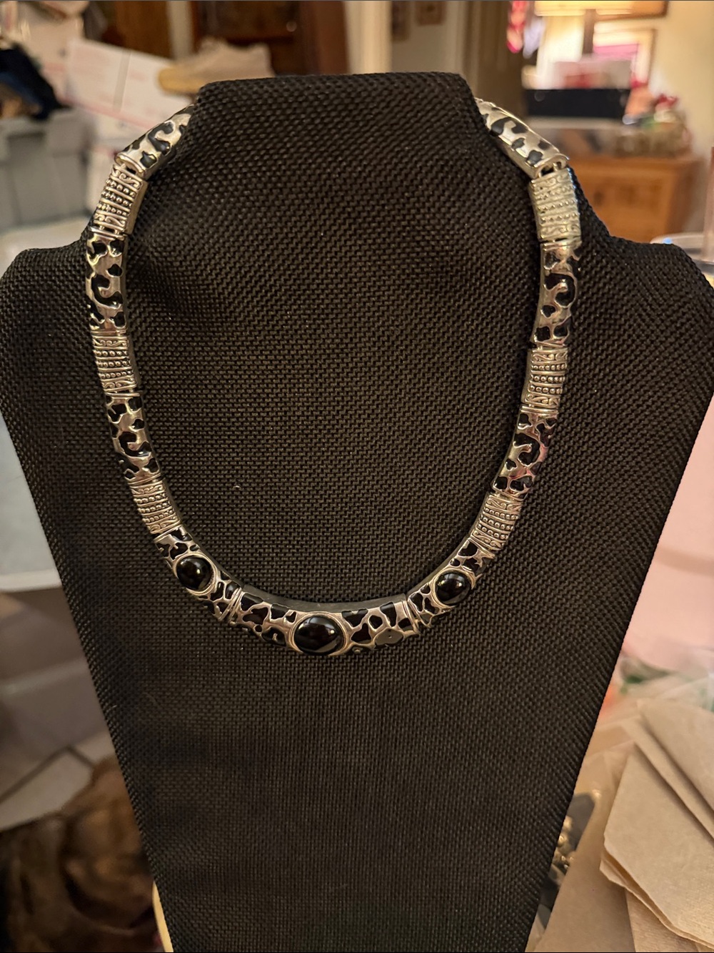Source Unknown Silver-Tone Necklace with Black Cabochons. Very nice looking.